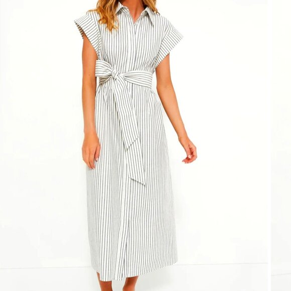 Tuckernuck Linen Stripe Callie Dress Boardroom Chic Minimalist Preppy Timeless - Picture 1 of 11